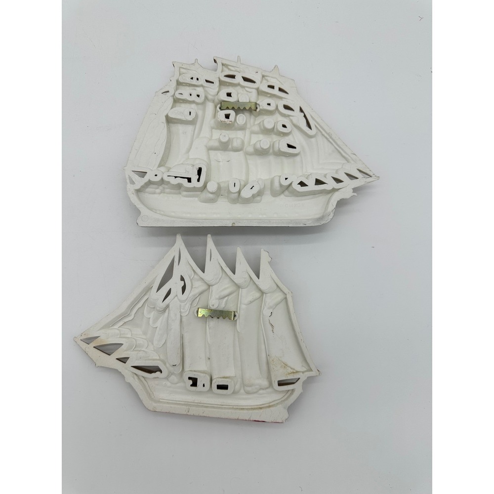 Vintage Sailing Ship Wall Decor Nautical 3D Relief Plaques Cream White Set of 2 - Picture 2 of 7
